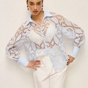 NWT Pale Blue Sheer Lace Blouse With Cloth Button
